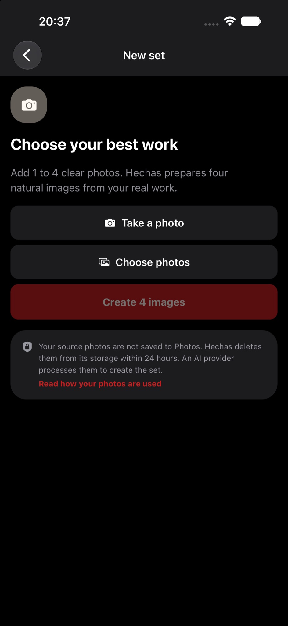 Real Hechas screen for taking or choosing photos