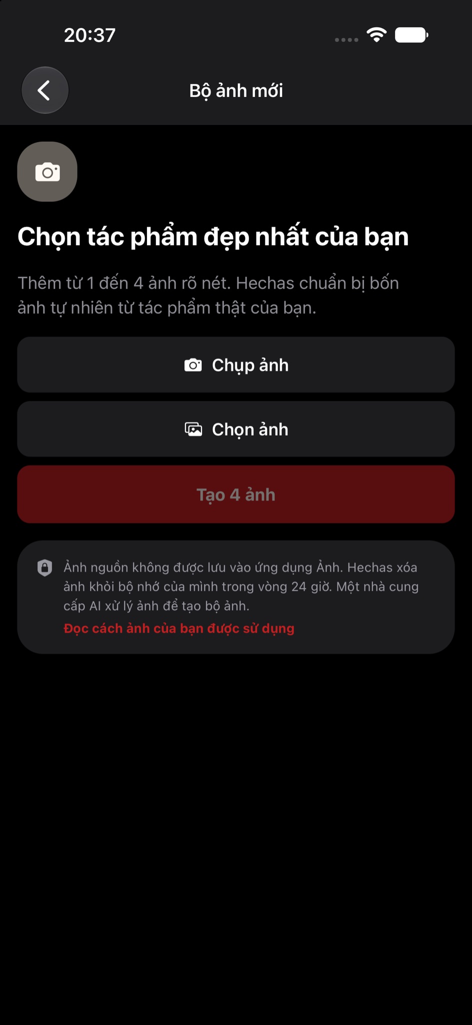 Màn hình thật của Hechas để chụp hoặc chọn ảnh