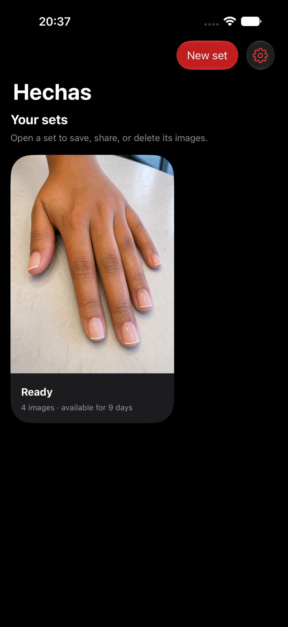 Real Hechas home screen with a finished set available for nine days